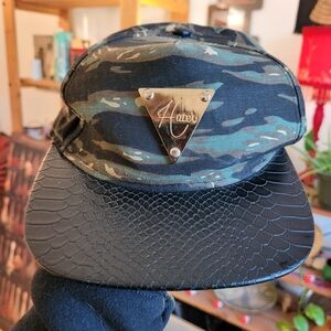 Hater Camo and Black Faux Snake Leather Snapback Hat Gold Logo - Onesize
